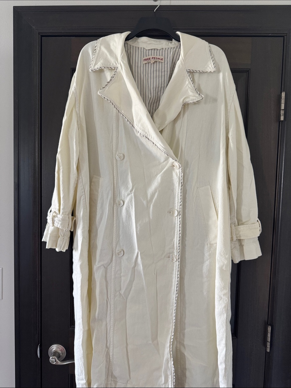 Free People Off-White Double-Breasted Trench with Braided Trim
